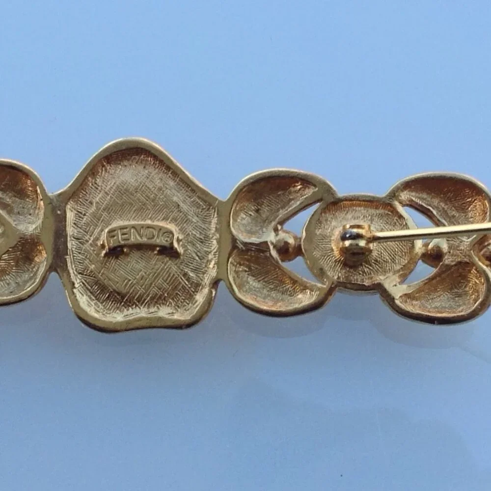 Fendi Brooch Victorian Revival Bar Rhodium Gold Intaglio Logo + Onyx Cabochons